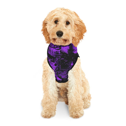 Dog relaxing indoors wearing violet guardian hoodie