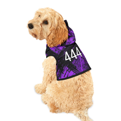 Dog wearing violet guardian 444 pet hoodie front view