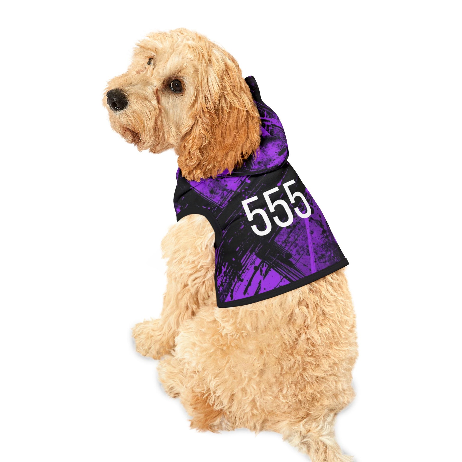 Dog wearing violet 555 transformation pet hoodie front view