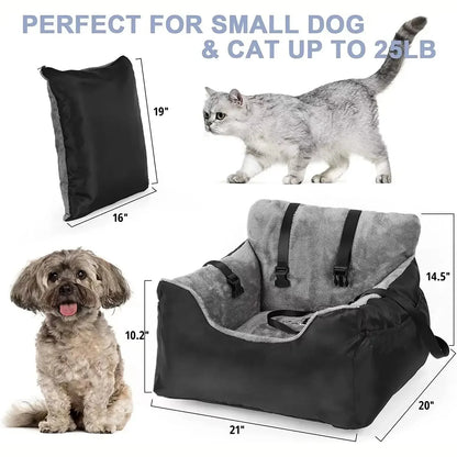 Pet seat with dimensions, showing a cat and dog, and a black cushion.