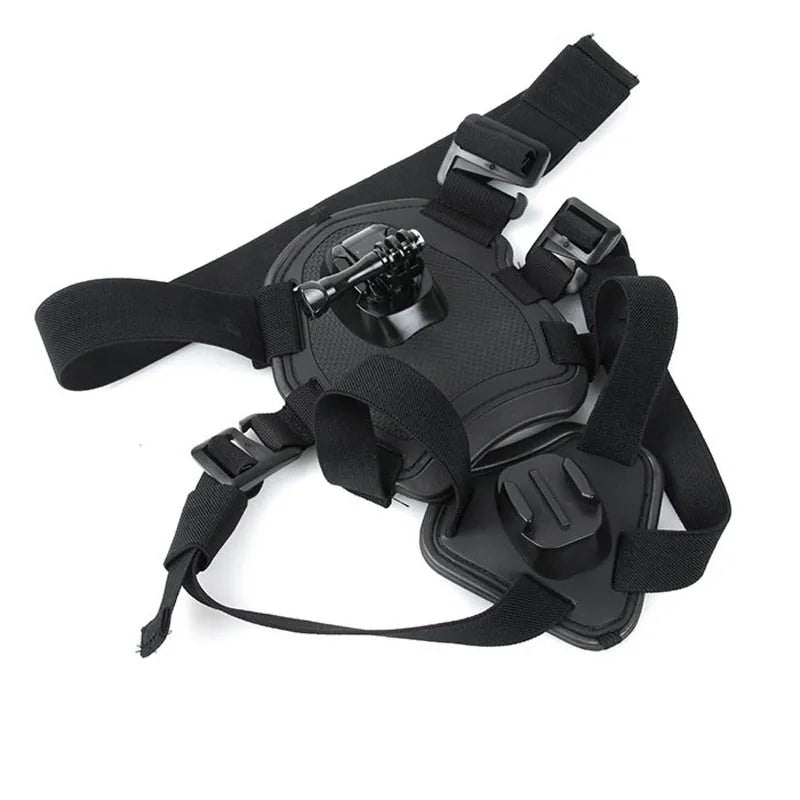 Black dog camera harness with elastic straps and chest mount plate on white background
