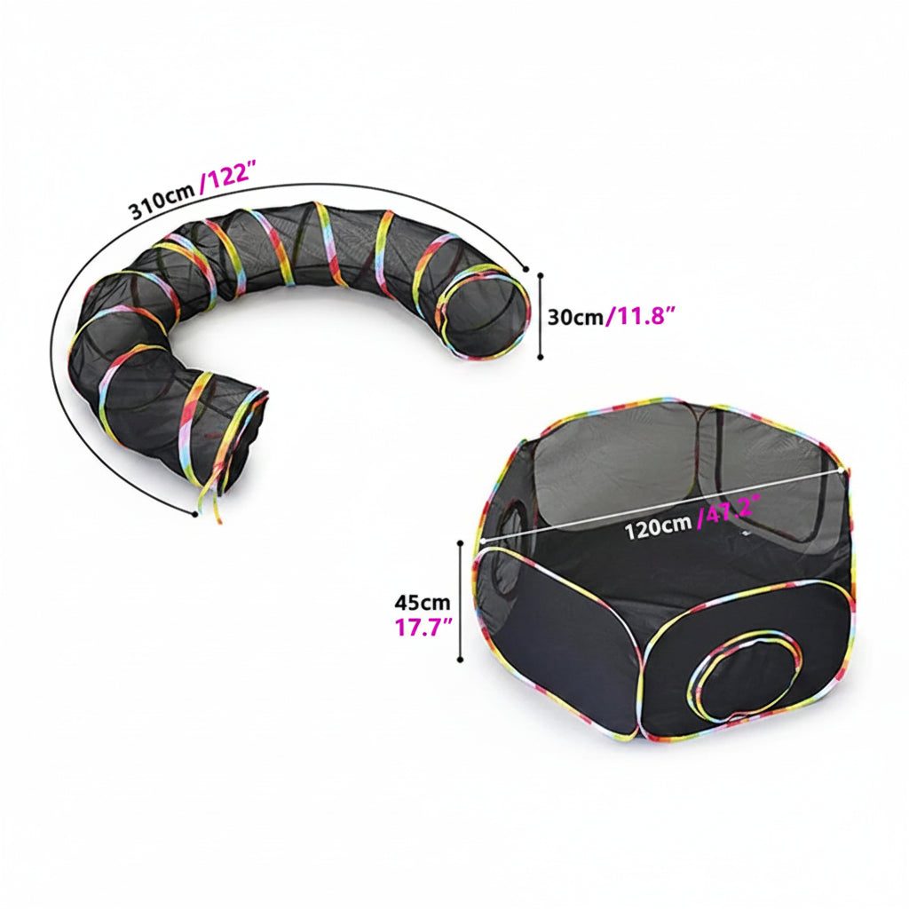 Pet play tunnel with measurements on a white background size chart