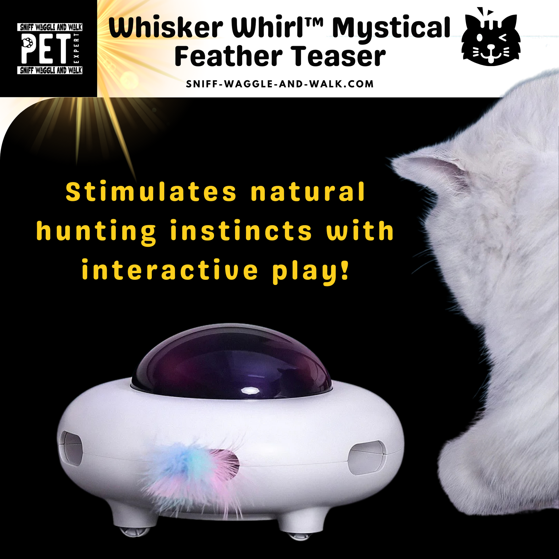 : Whisker Whirl UFO cat toy with natural feathers extended from side slots during automatic play session