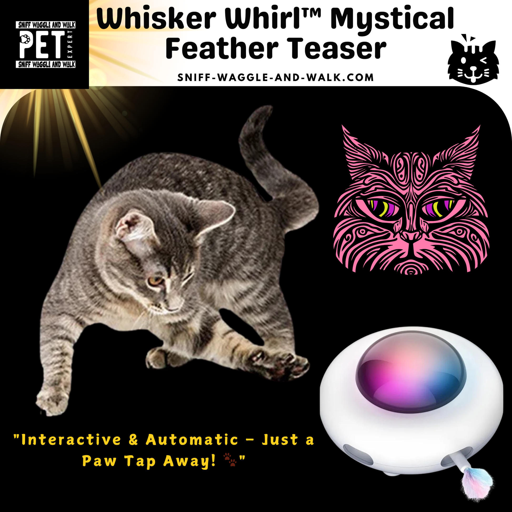 White UFO-shaped automatic cat toy with colour-changing iridescent dome, feathers visible from side slots