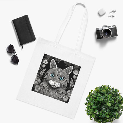 PawInk™ mandala cat tote white — monochrome mandala illustration with teal cat eyes