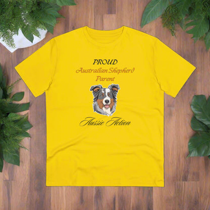 PROUD AUSTRALIAN SHEPHARD PARENT "Aussie Action" Soft Organic T-shirt - Unisex - Sniff Waggle And Walk YELLOW