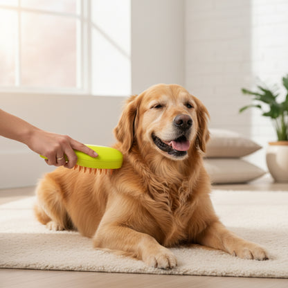 Yellow pet steam grooming brush for shedding and tangles