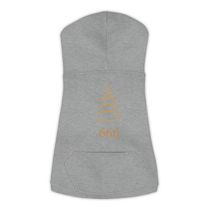 666 Angel Number dog hoodie in Granite Heather — gold zen-cairn emblem and '666' print on Doggie Skins fleece pullover
