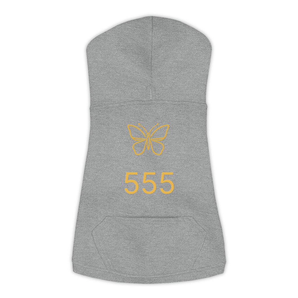 555 Angel Number dog hoodie in Granite Heather — gold butterfly emblem and '555' print on Doggie Skins fleece pullover
