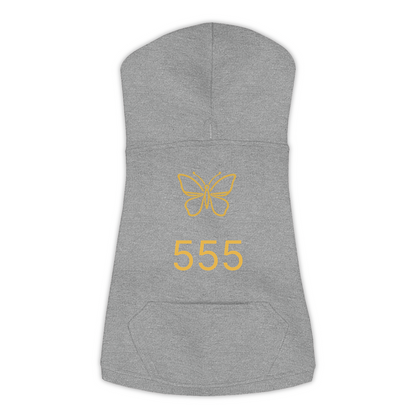 555 Angel Number dog hoodie in Granite Heather — gold butterfly emblem and '555' print on Doggie Skins fleece pullover