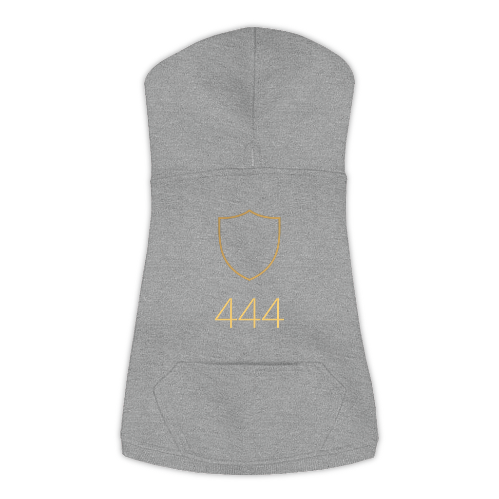 444 Angel Number dog hoodie in Granite Heather — gold shield emblem and '444' print on Doggie Skins fleece pullover