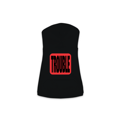 Trouble dog hoodie in Black — bold red TROUBLE badge print on cosy fleece pullover