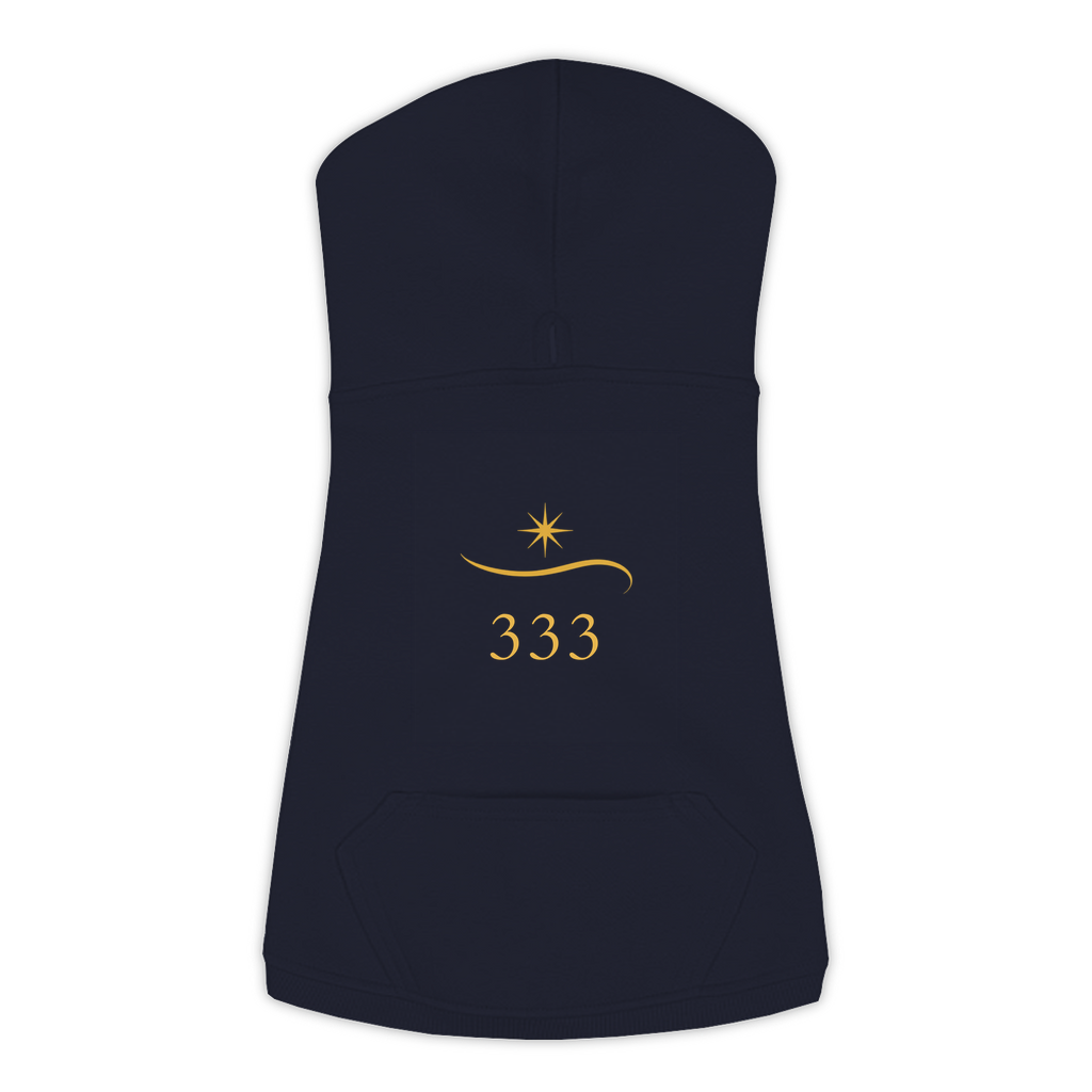 333 Angel Number dog hoodie in Navy — gold spark emblem and '333' print on Doggie Skins fleece pullover