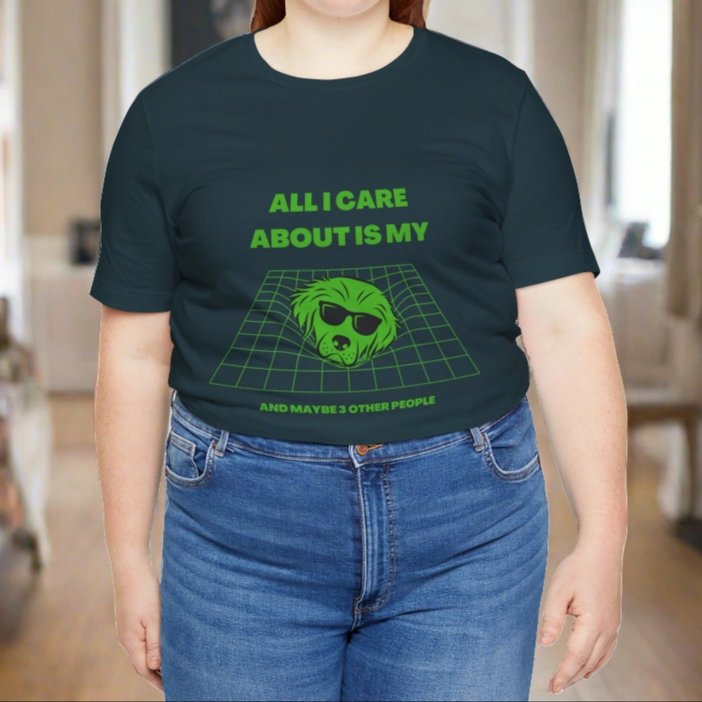 "ALL I CARE ABOUT IS MY DOG"Unisex Jersey Short Sleeve T-shirt by sniffwagglenwalk™ - Sniff Waggle And Walk dark gry