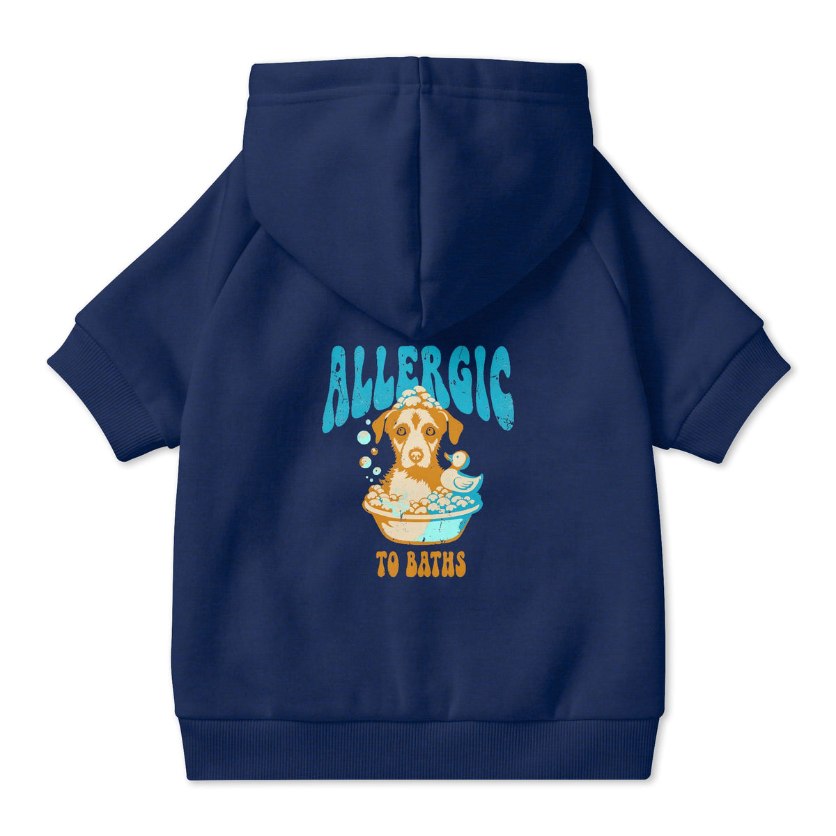 Allergic to Baths Dog Hoodie in Navy, back view — SniffWaggleNWalk™