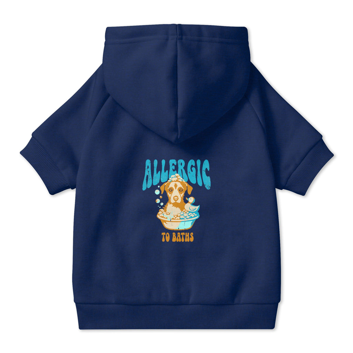Allergic to Baths Dog Hoodie in Navy, back view — SniffWaggleNWalk™