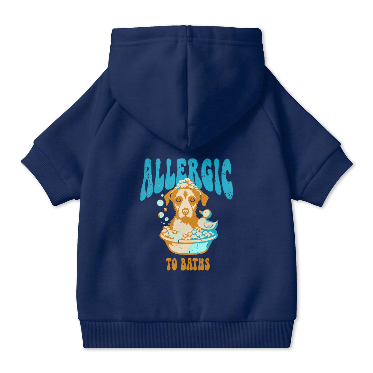Allergic to Baths Dog Hoodie in Navy, back view — SniffWaggleNWalk™