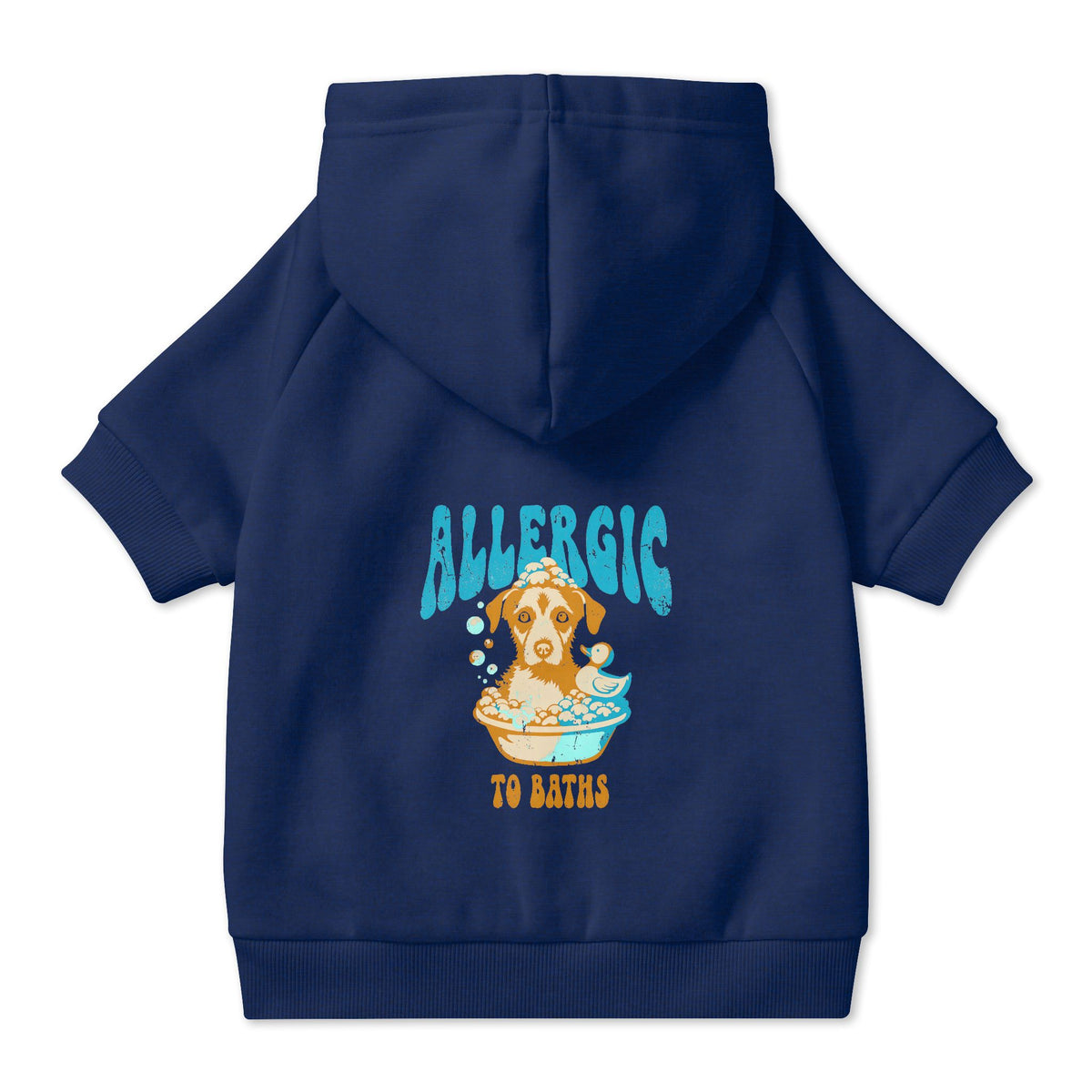 Allergic to Baths Dog Hoodie in Navy, back view — SniffWaggleNWalk™