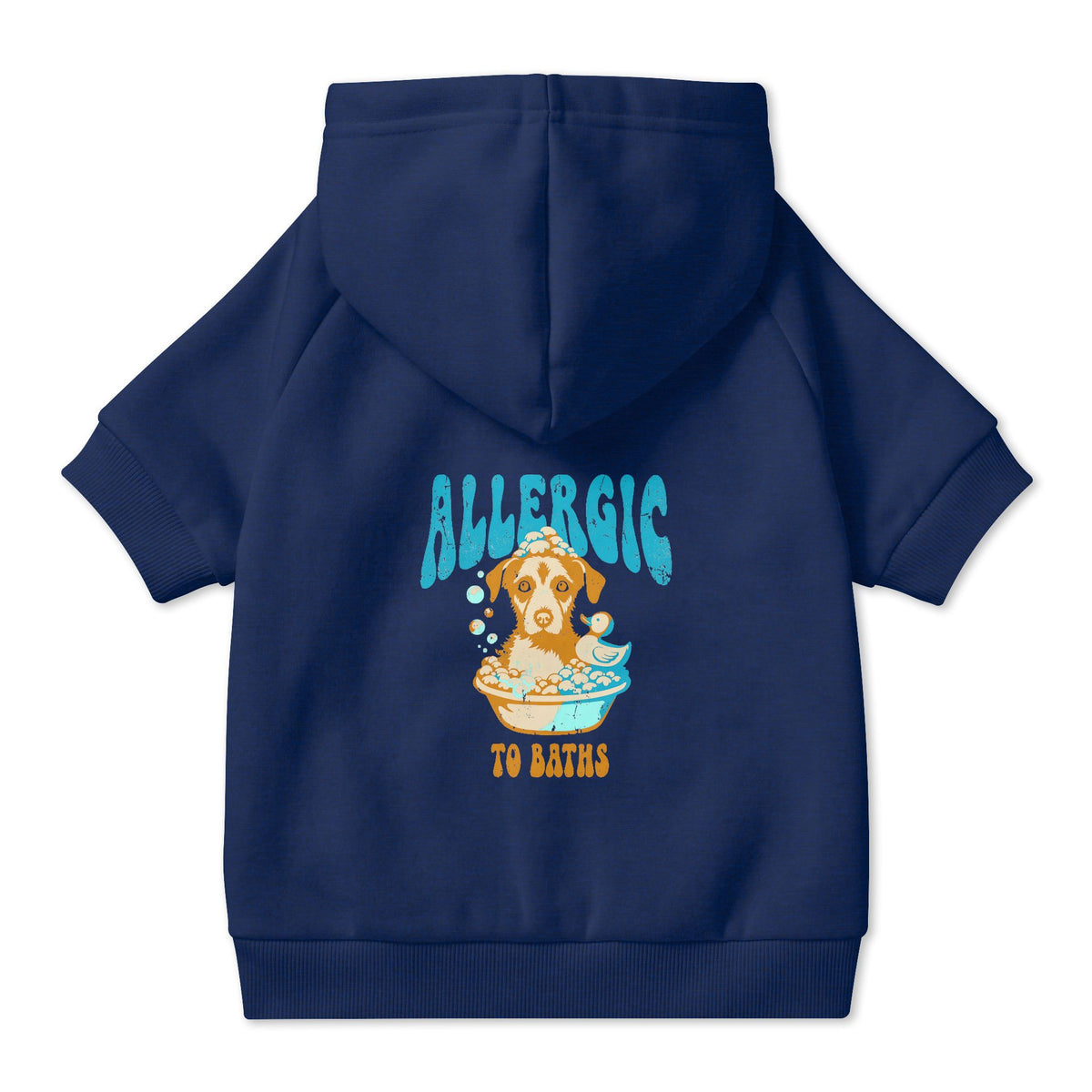 Allergic to Baths Dog Hoodie in Navy, back view — SniffWaggleNWalk™