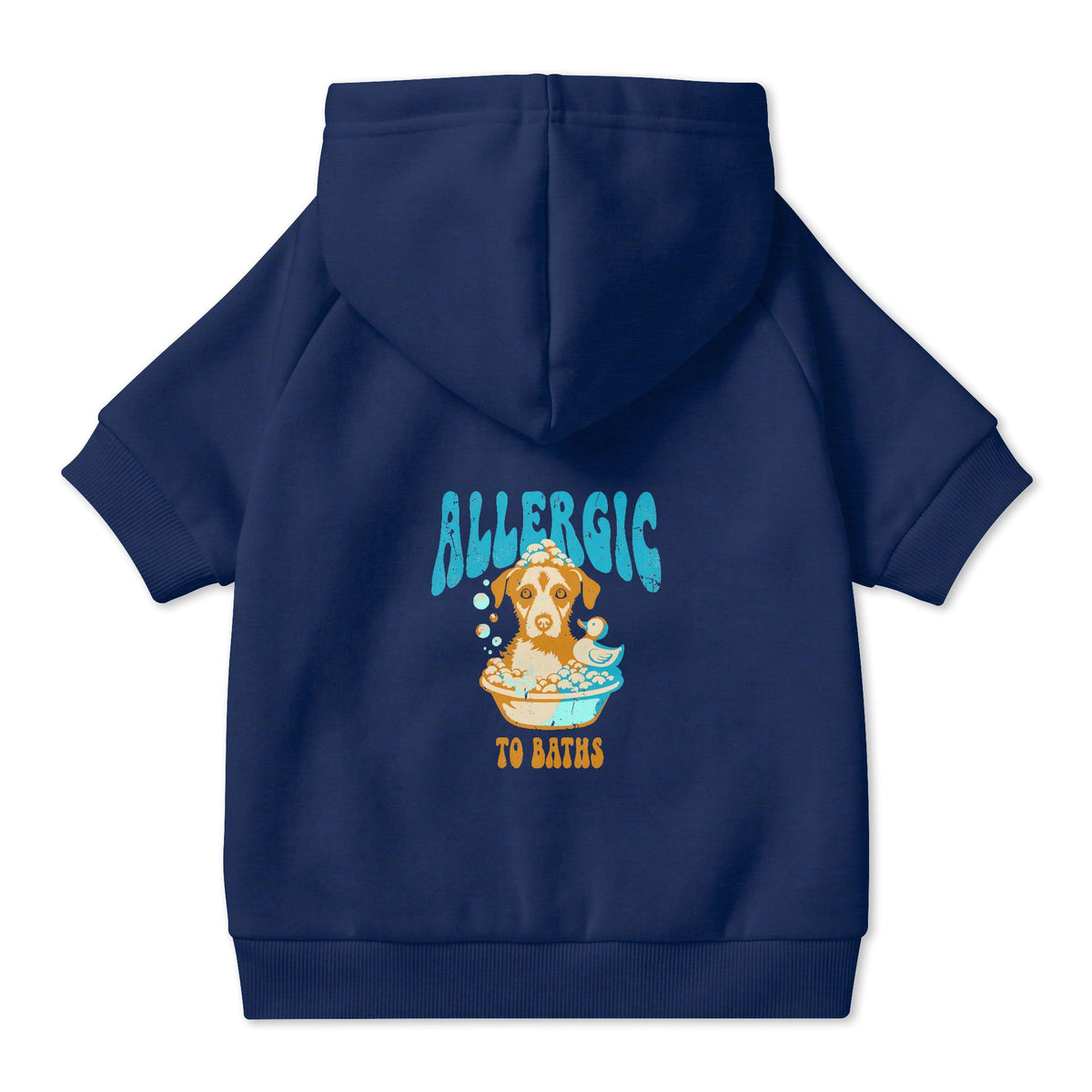 Allergic to Baths Dog Hoodie in Navy, back view — SniffWaggleNWalk™