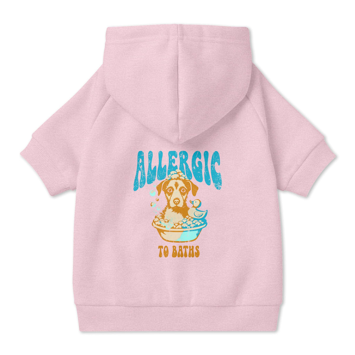 Allergic to Baths Dog Hoodie in Pink, back view — SniffWaggleNWalk™