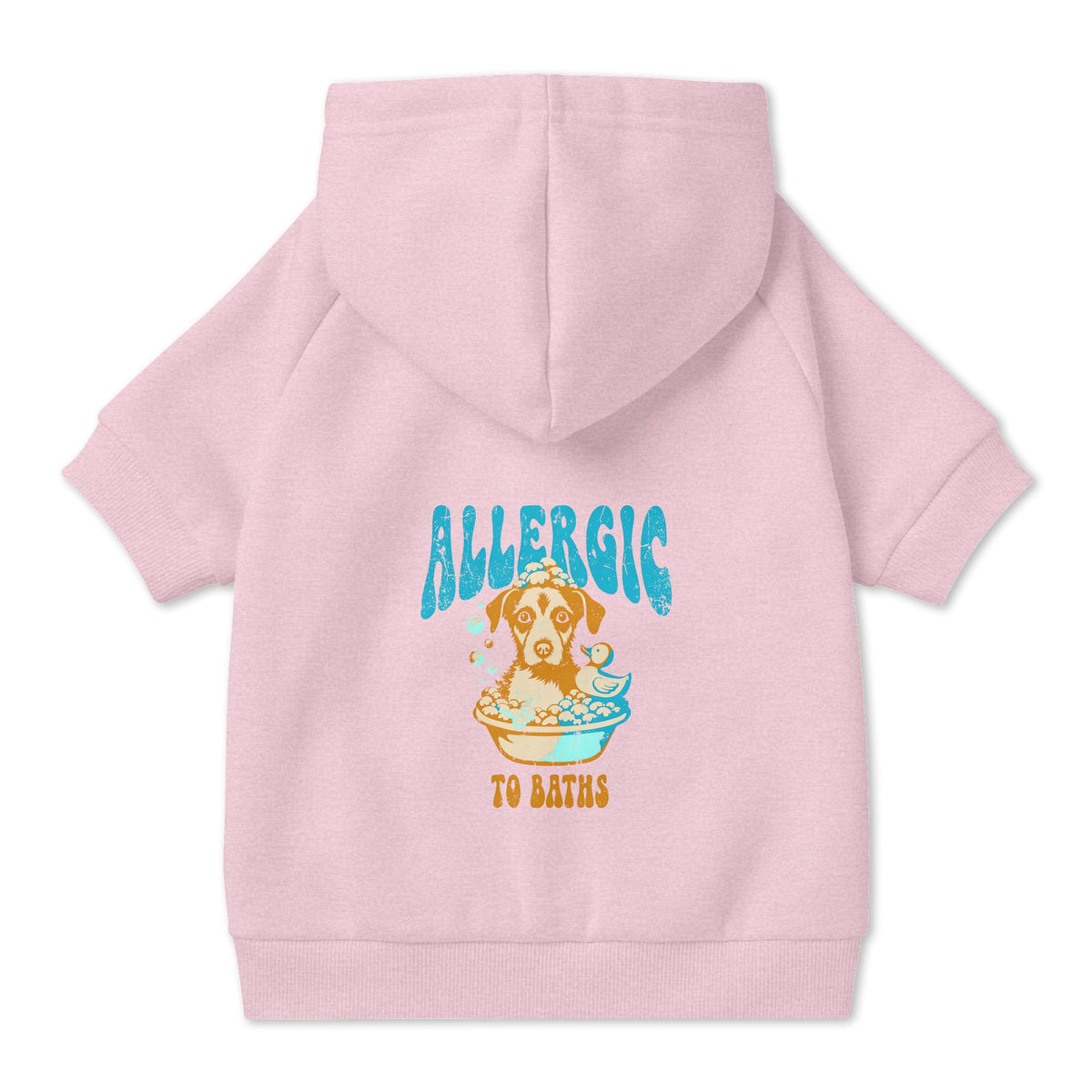 Allergic to Baths Dog Hoodie in Pink, back view — SniffWaggleNWalk™