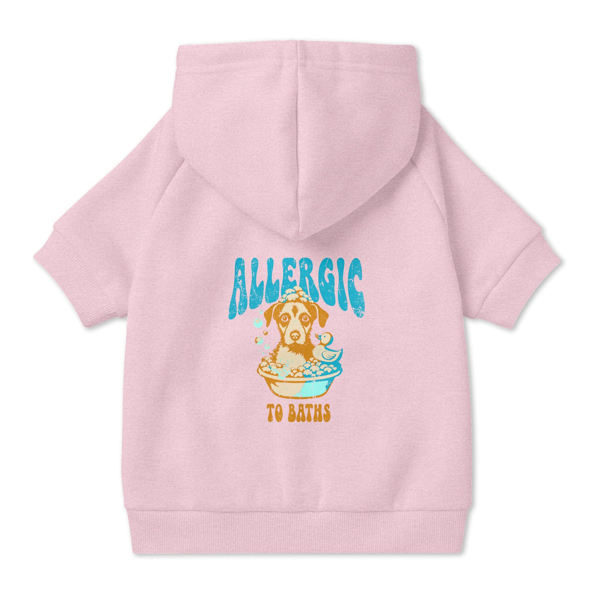 Allergic to Baths Dog Hoodie in Pink, back view — SniffWaggleNWalk™