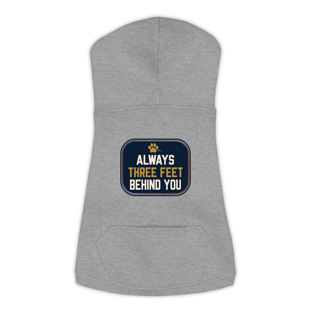 Always Three Feet Behind You funny dog hoodie in granite heather grey, sizes L to 3XL