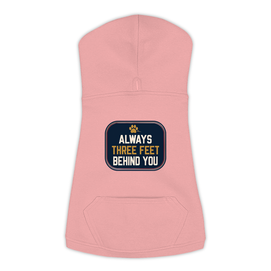 Always Three Feet Behind You funny dog hoodie in mauvelous pink, sizes L to 3XL