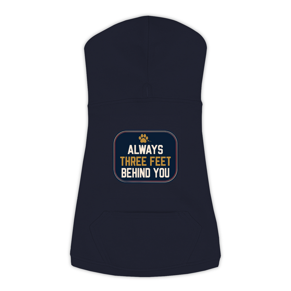 Always Three Feet Behind You funny dog hoodie in navy, sizes L to 3XL