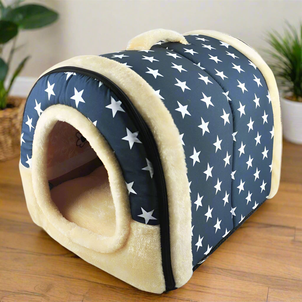 PoshPup DenHouse™ American Stars design — navy with white stars and red base, dome kennel bed