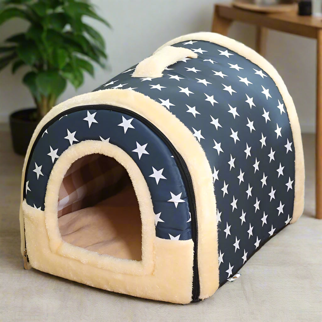 PoshPup DenHouse™ American Stars Red Base — dark navy stars with bold red quarter base, dome kennel