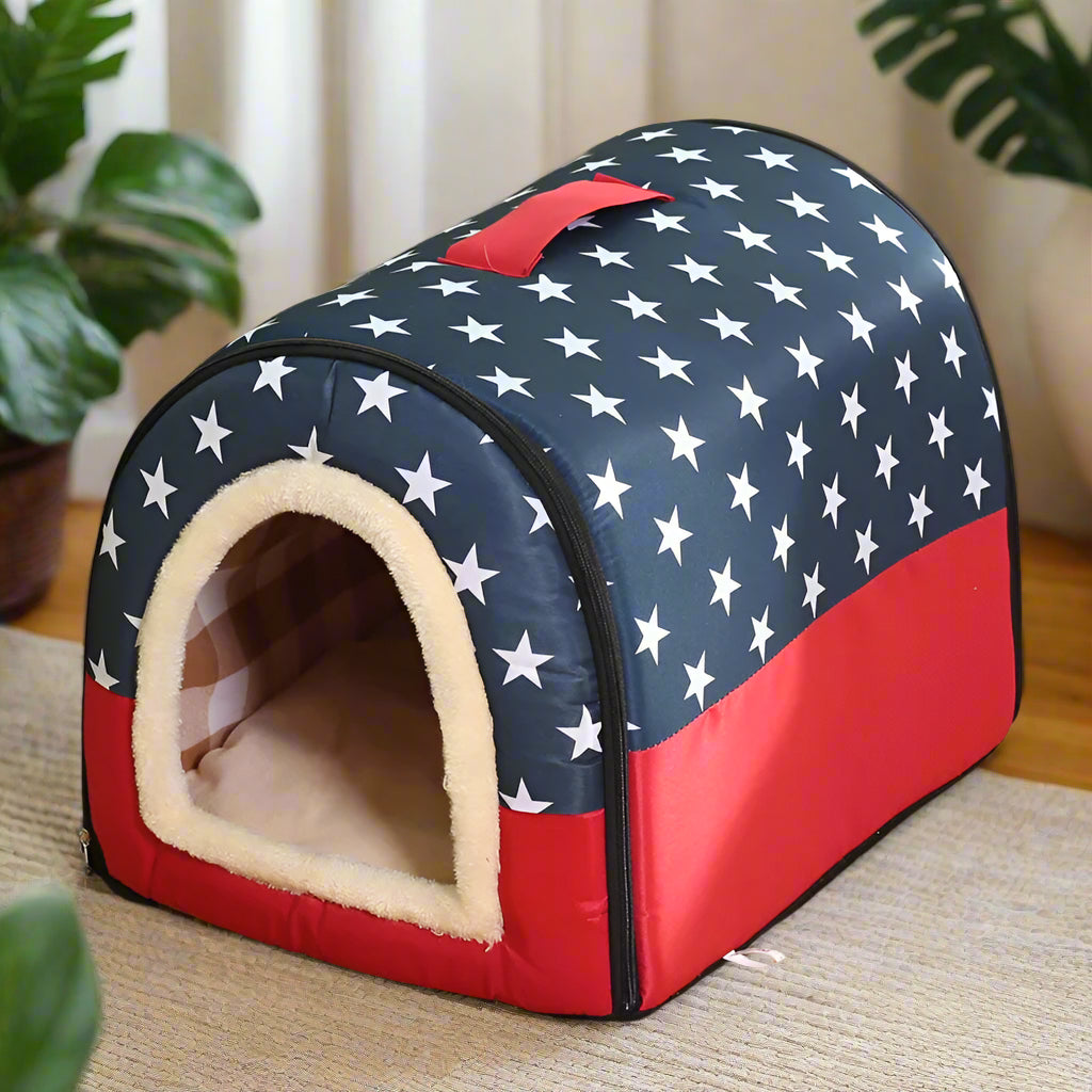 PoshPup DenHouse™ Navy Stars kennel bed — dark grey/navy with white stars and cream sherpa surround