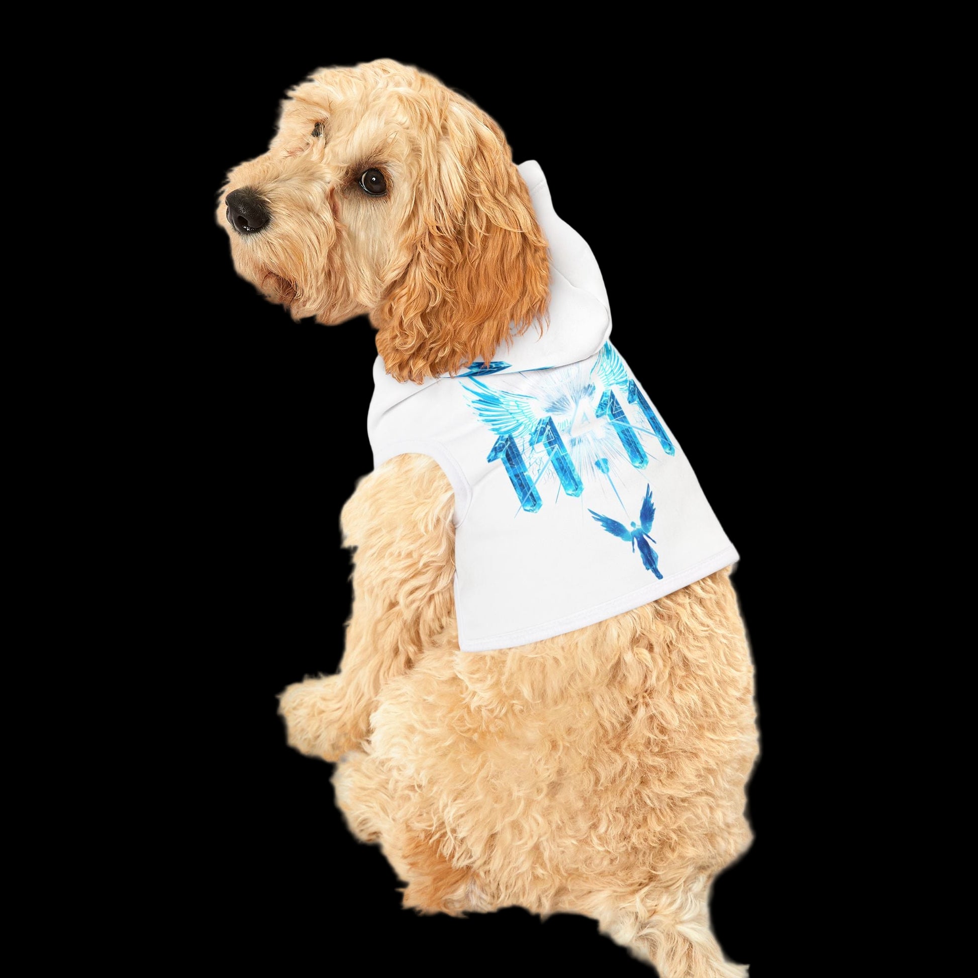 Spiritual 1111 dog hoodie featuring angel wings graphic for small dogs.