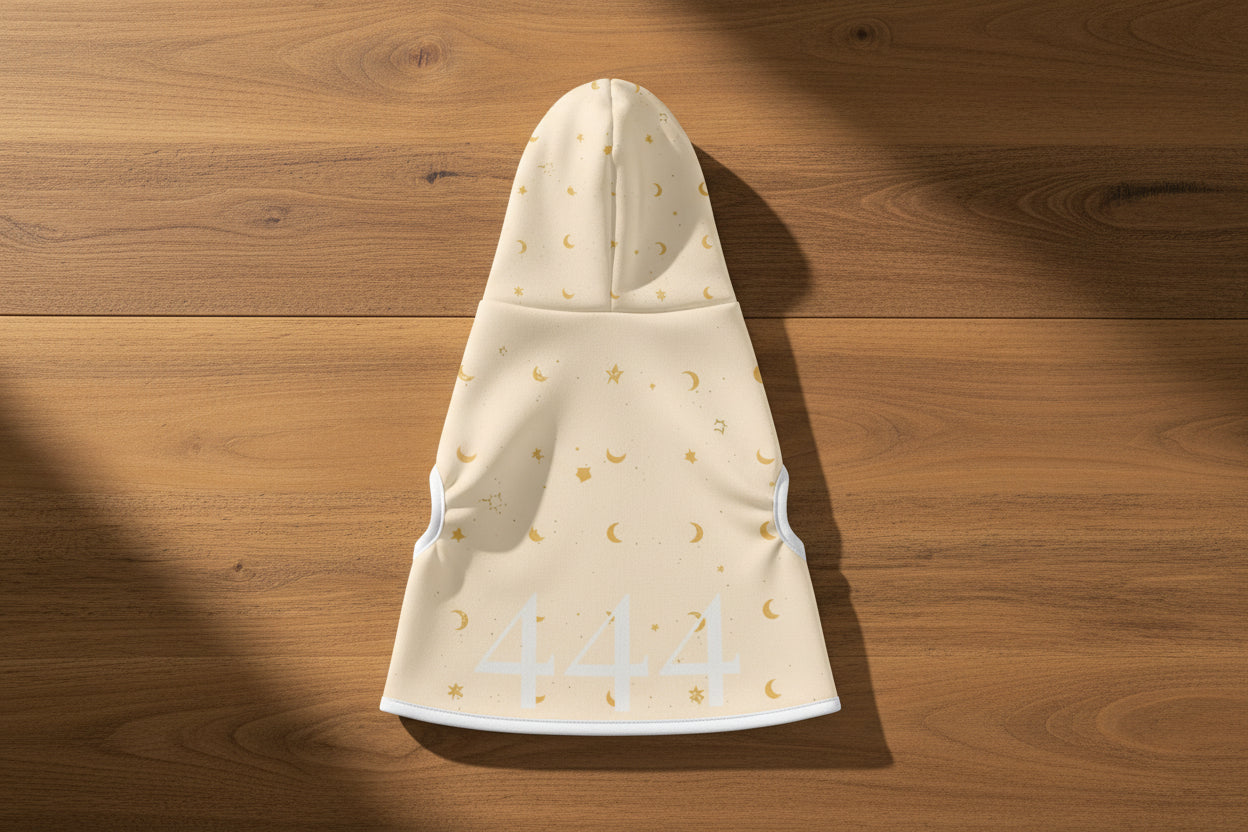 Back of dog hoodie showing angel number 444 celestial design