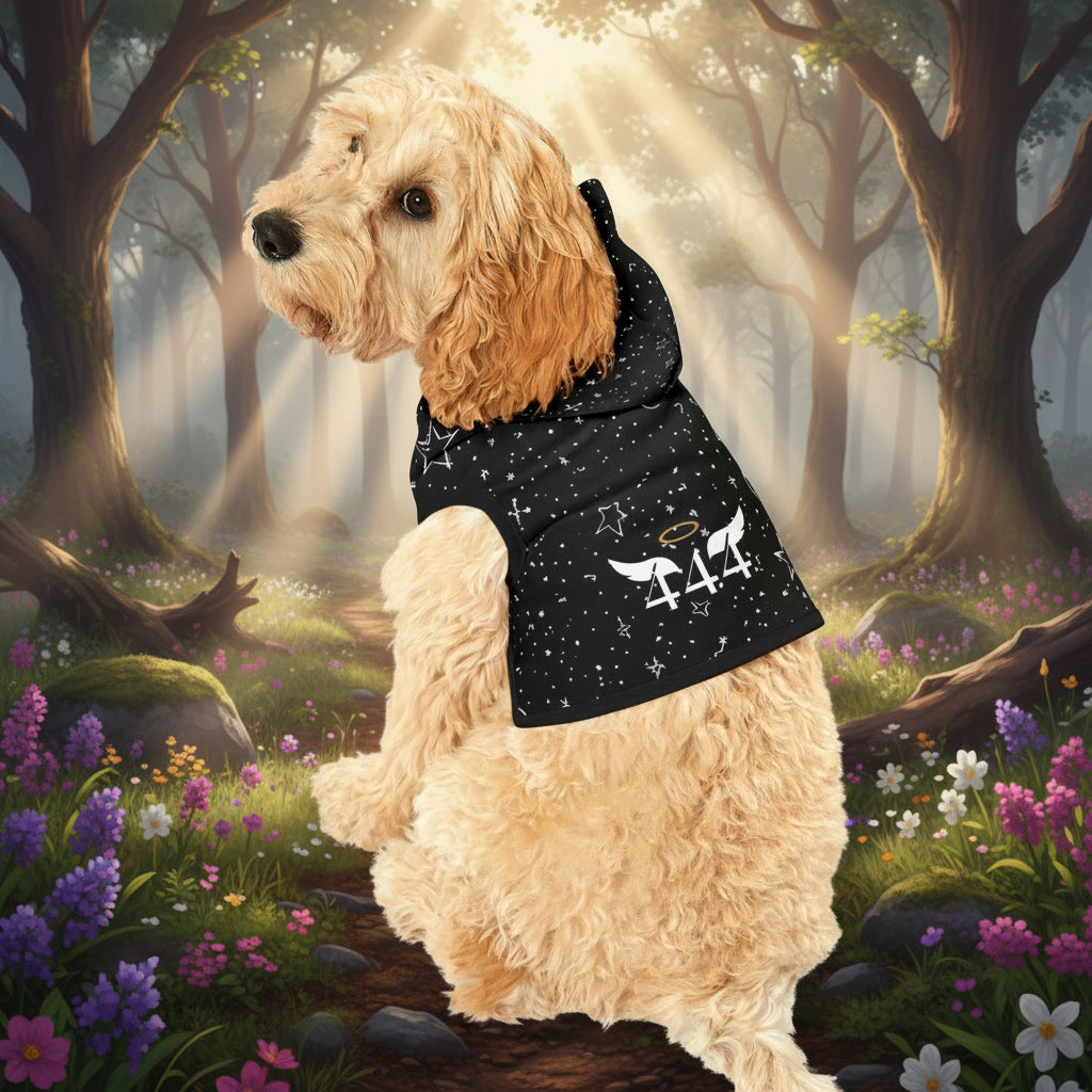 Dog wearing a black hoodie with angel wings design on a white background