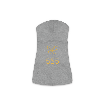 555 Angel Number dog hoodie in Granite Heather — gold butterfly emblem and '555' print on Doggie Skins fleece pullover