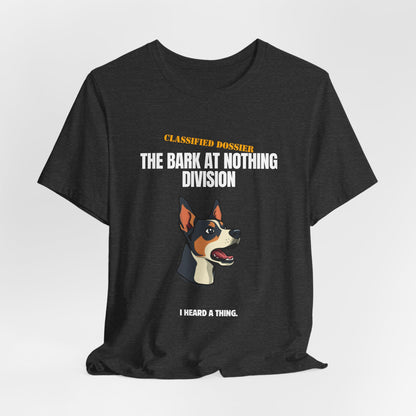 Bark At Nothing Division tee flat lay with accessories