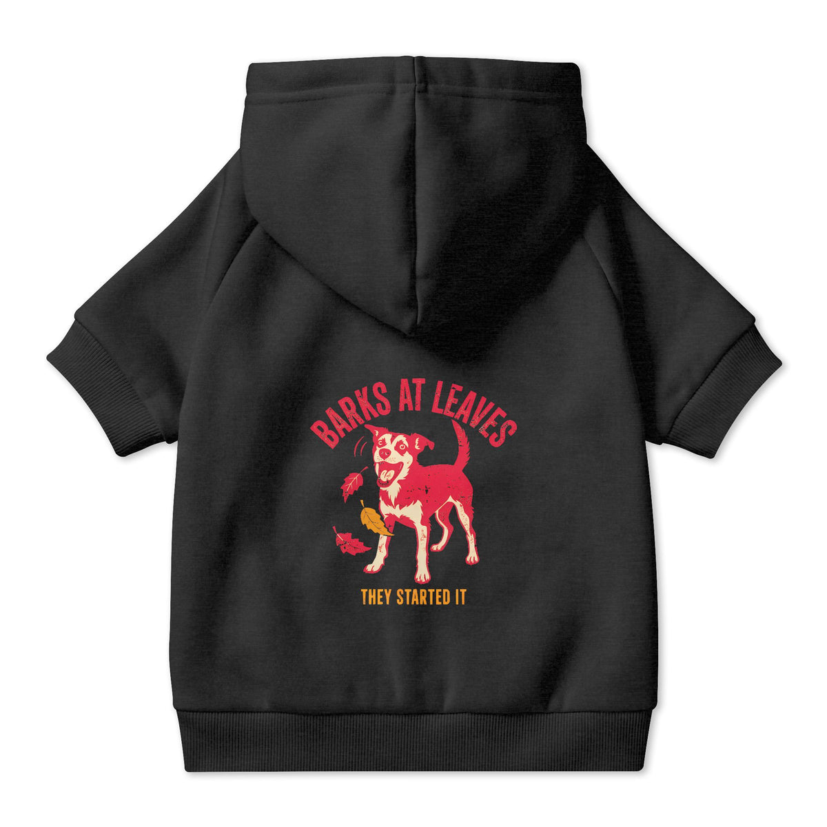 Barks at Leaves Dog Hoodie in Black, back view — SniffWaggleNWalk™