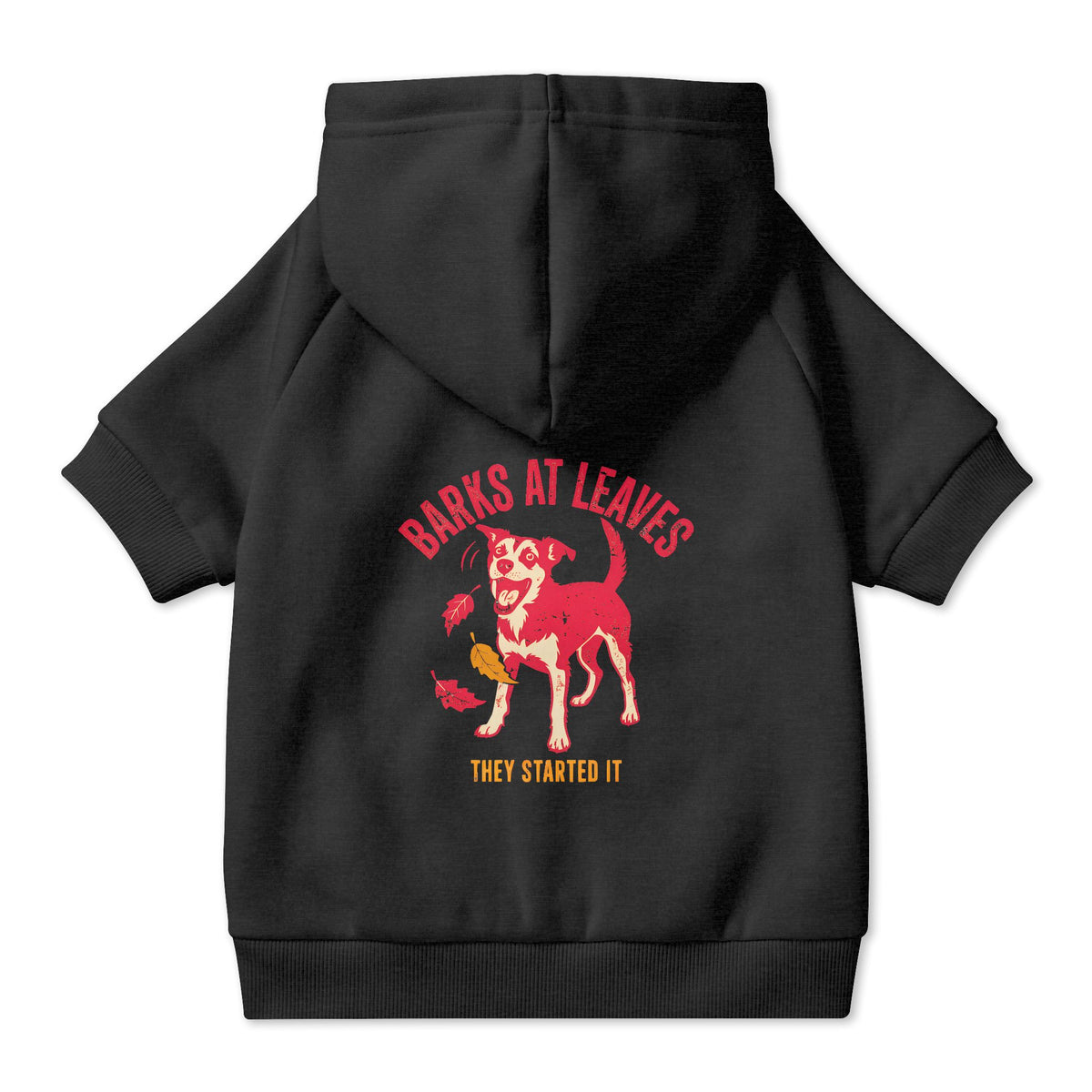 Barks at Leaves Dog Hoodie in Black, back view — SniffWaggleNWalk™