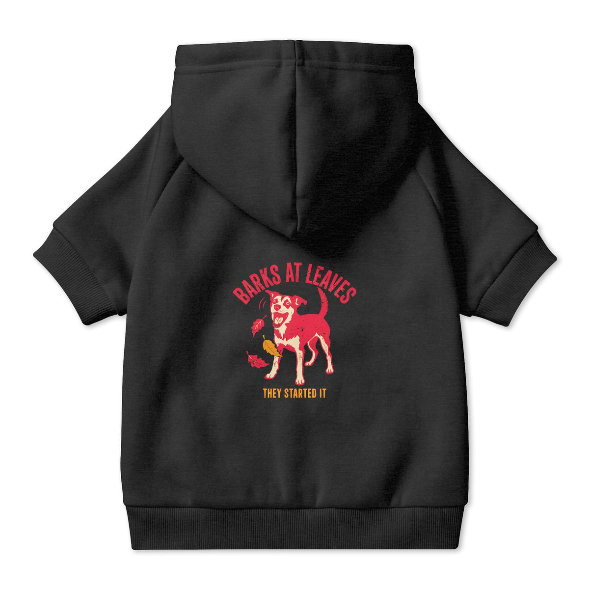 Barks at Leaves Dog Hoodie in Black, back view — SniffWaggleNWalk™