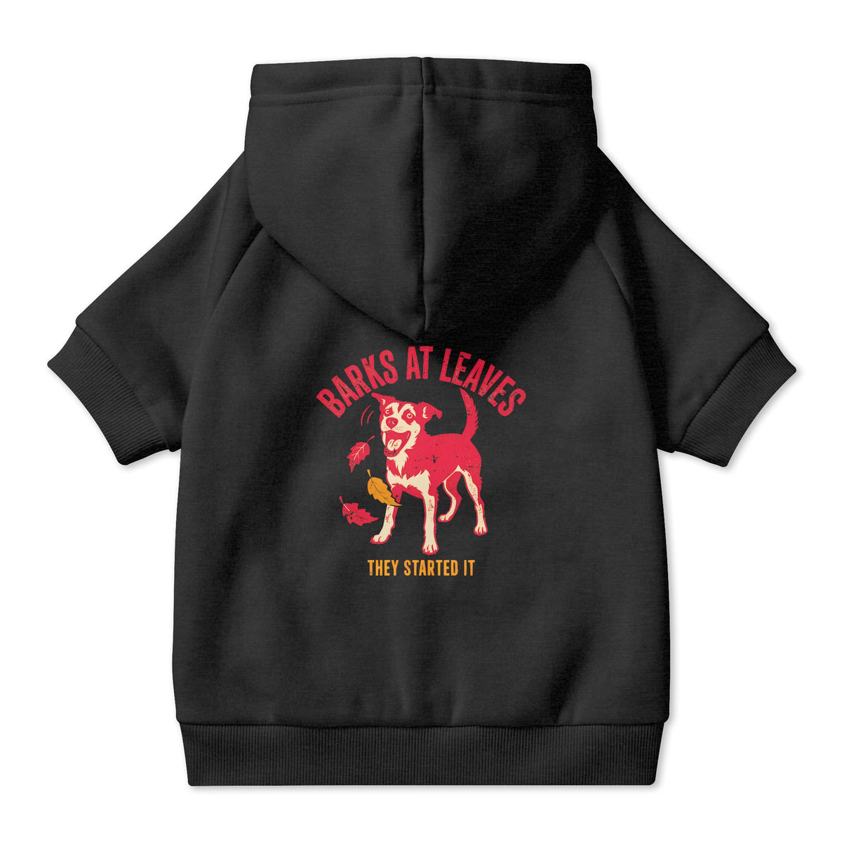 Barks at Leaves Dog Hoodie in Black, back view — SniffWaggleNWalk™