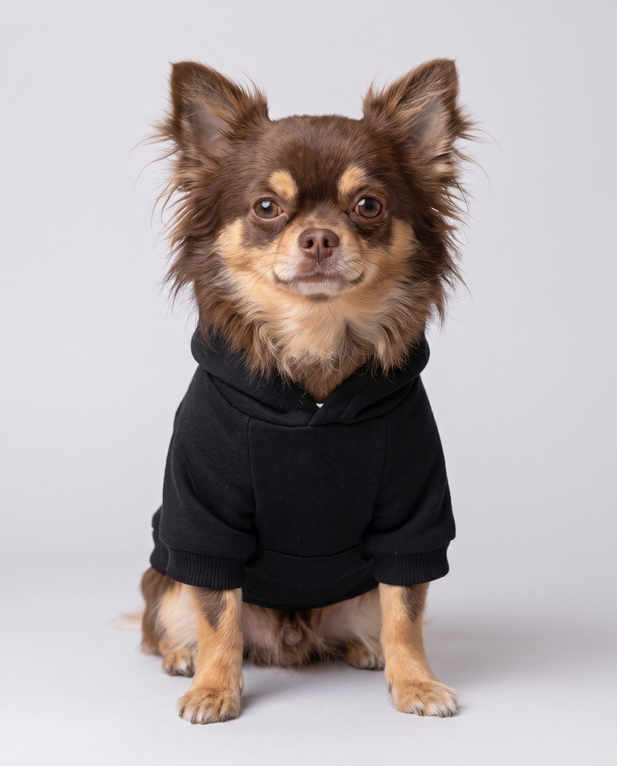Chihuahua wearing a plain black dog hoodie with collar hole, front view — SniffWaggleNWalk™