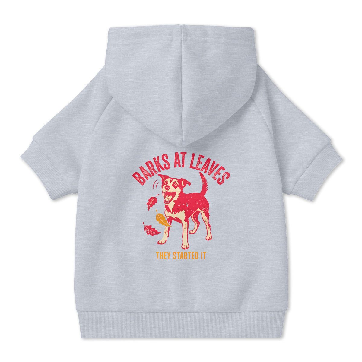 Barks at Leaves Dog Hoodie in Grey, back view — SniffWaggleNWalk™