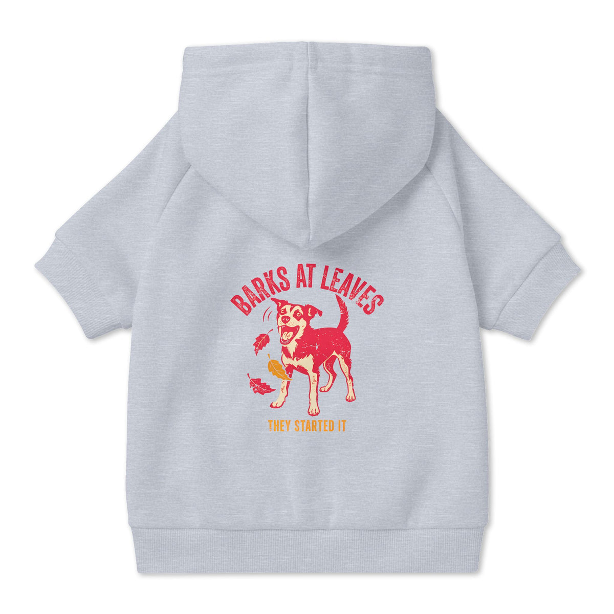 Barks at Leaves Dog Hoodie in Grey, back view — SniffWaggleNWalk™