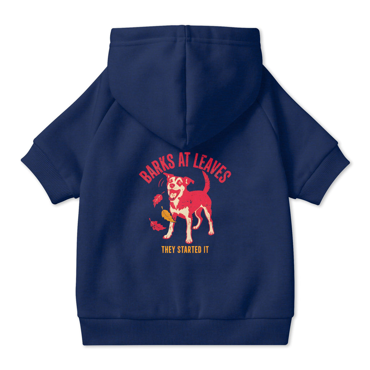 Barks at Leaves Dog Hoodie in Navy, back view — SniffWaggleNWalk™