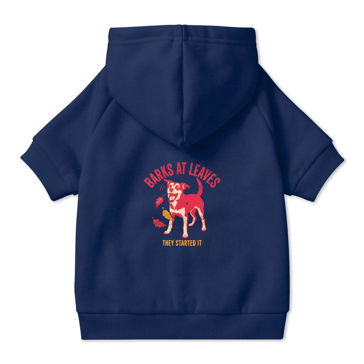 Barks at Leaves Dog Hoodie in Navy, back view — SniffWaggleNWalk™