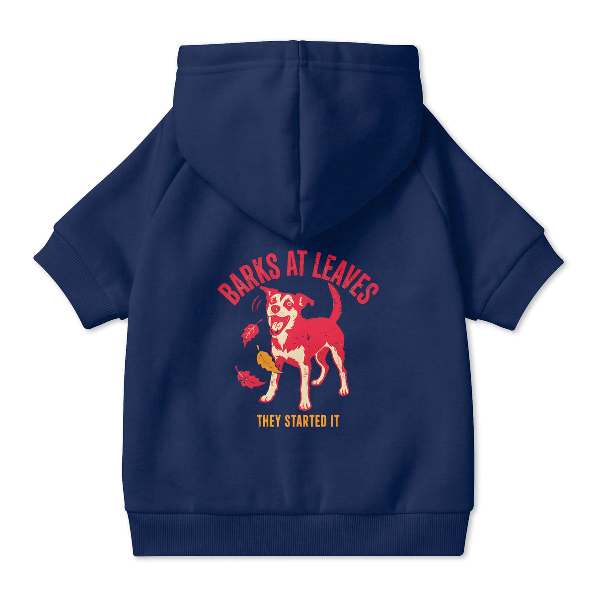 Barks at Leaves Dog Hoodie in Navy, back view — SniffWaggleNWalk™