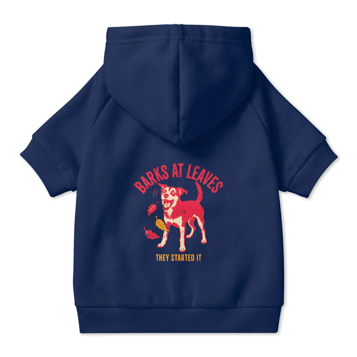 Barks at Leaves Dog Hoodie in Navy, back view — SniffWaggleNWalk™