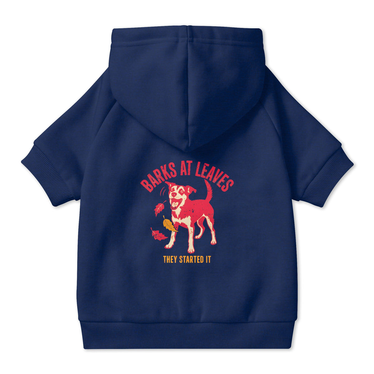 Barks at Leaves Dog Hoodie in Navy, back view — SniffWaggleNWalk™